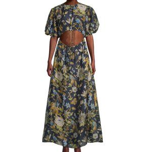 SIR. Lilian Floral Puff-Sleeve Midi-Dress Navy size 4